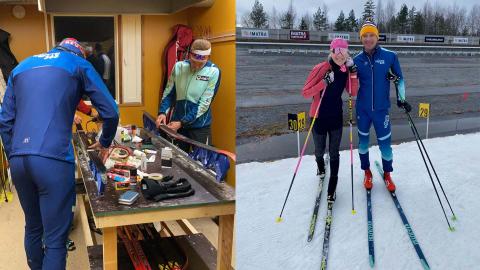 suksien huoltoa voitelukopissa ja koutsi 365 valmentajat Kaisa Mäkäräinen ja Ville Nousiainen